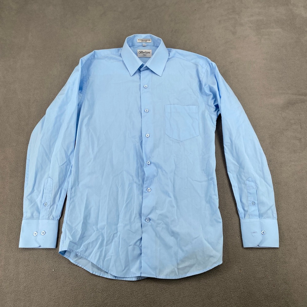 Berlioni Italy Mens Light Blue Long Sleeve Button Down Dress Shirt Small 14-14.5